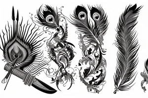 katana surround by a peacock feather tattoo idea