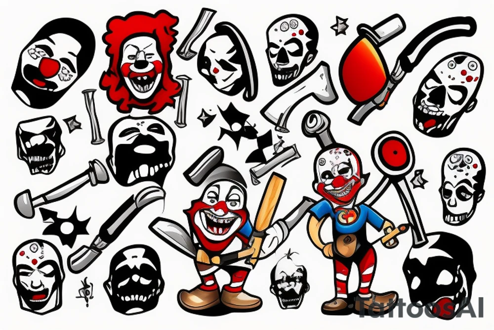 Clown with a hammer and bloody tattoo idea