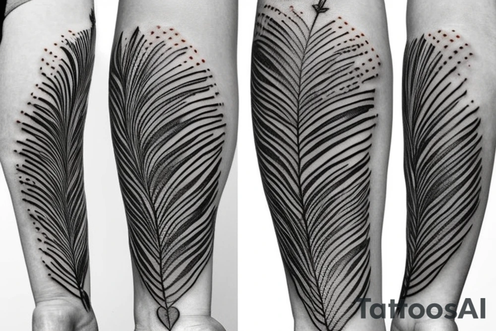 Arrow with peacock feather feathering, a compass in the middle of the arrow tattoo idea