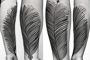 Arrow with peacock feather feathering, a compass in the middle of the arrow tattoo idea