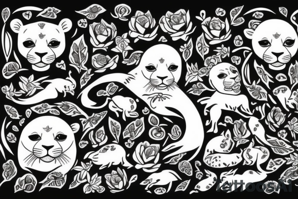 little bald one, little seal, lioness, forest stream tattoo idea
