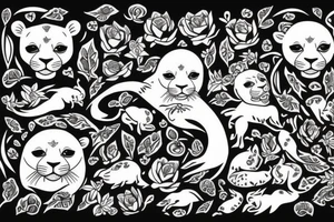 little bald one, little seal, lioness, forest stream tattoo idea
