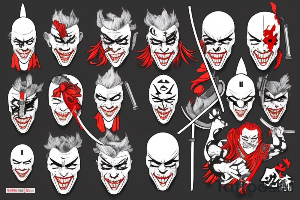 The Joker as a topless samurai holding a katana tattoo idea