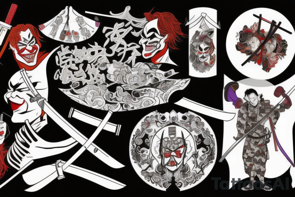 The Joker as a topless samurai holding a katana tattoo idea
