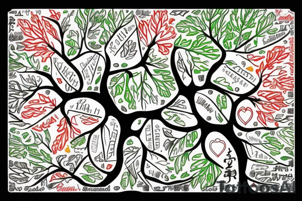 a Family tree with colored leaves representing each generation with my parents in the Roots an my wife and self in the trunk tattoo idea
