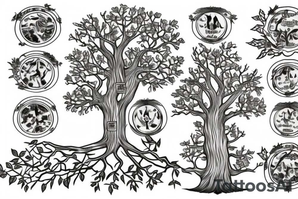 a Family tree with colored leaves representing each generation with my parents in the Roots an my wife and self in the trunk tattoo idea