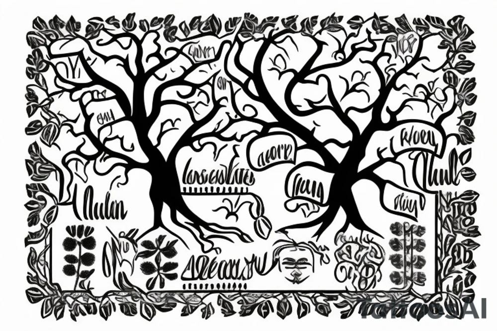 a Family tree with colored leaves representing each generation with my parents in the Roots an my wife and self in the trunk tattoo idea