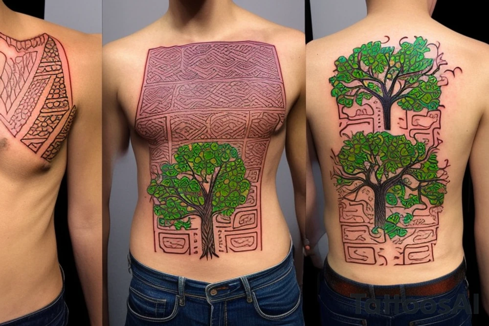 a Family tree with colored leaves representing each generation with my parents in the Roots an my wife and self in the trunk tattoo idea