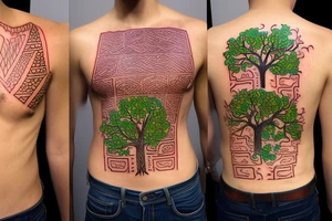 a Family tree with colored leaves representing each generation with my parents in the Roots an my wife and self in the trunk tattoo idea