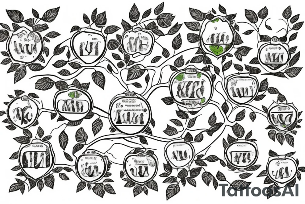 a Family tree with colored leaves representing each generation with my parents in the Roots an my wife and self in the trunk tattoo idea