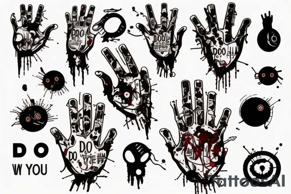 Circuit board style with the caption “do you want to see” with a line drawing of a hand with blood dripping from it tattoo idea