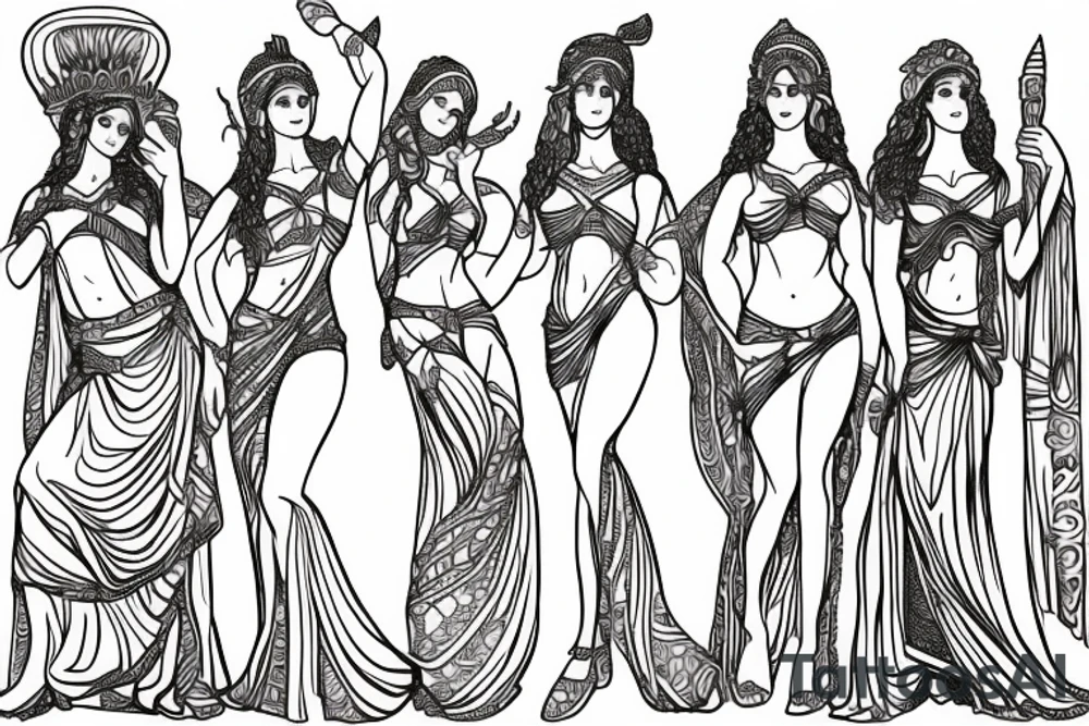 Line drawing of three greek goddesses standing together tattoo idea
