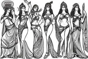 Line drawing of three greek goddesses standing together tattoo idea