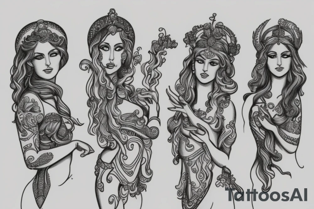 Line drawing of three greek goddesses standing together tattoo idea