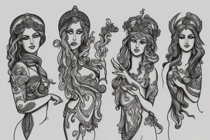Line drawing of three greek goddesses standing together tattoo idea