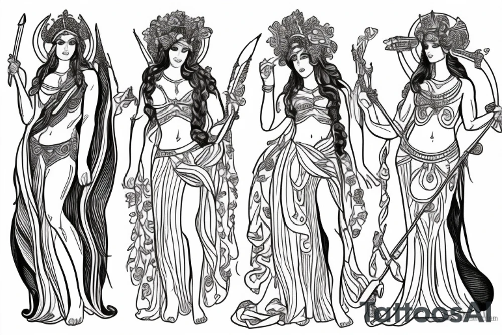 Line drawing of greek goddesses Artemis, Athena and Aphrodite standing together tattoo idea