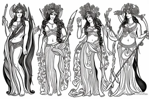 Line drawing of greek goddesses Artemis, Athena and Aphrodite standing together tattoo idea