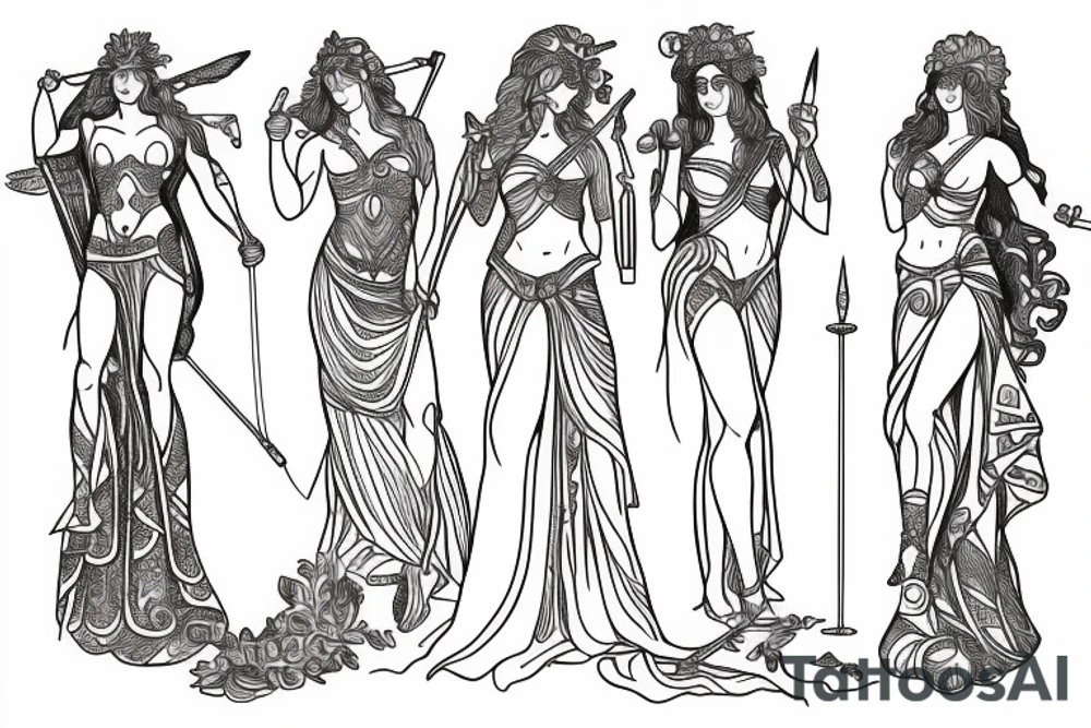 Line drawing of greek goddesses Artemis, Athena and Aphrodite standing together tattoo idea