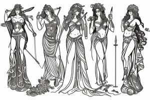 Line drawing of greek goddesses Artemis, Athena and Aphrodite standing together tattoo idea