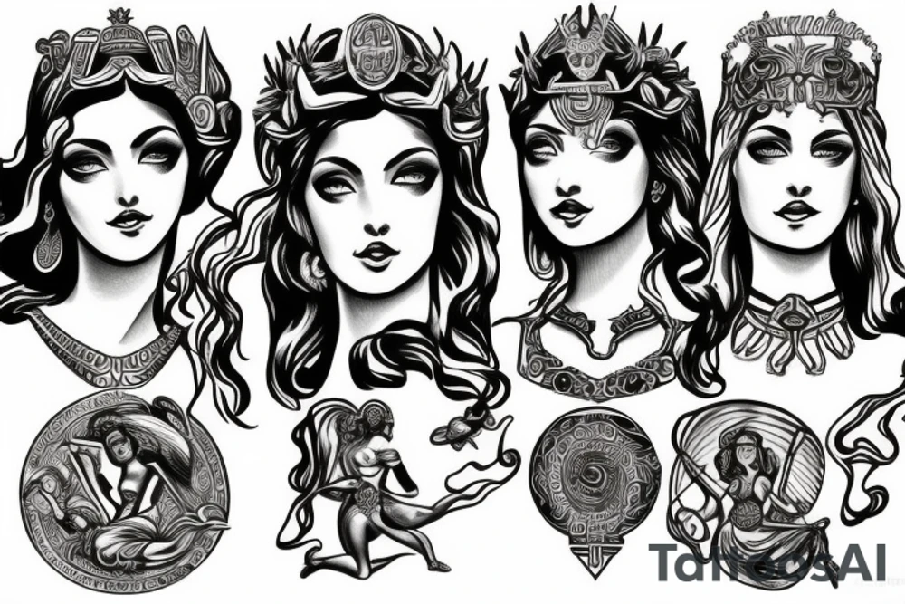 Greek goddesses Artemis, Athena and Aphrodite standing together tattoo idea