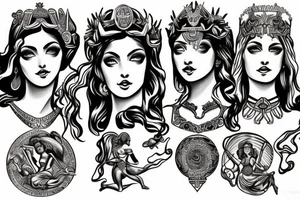 Greek goddesses Artemis, Athena and Aphrodite standing together tattoo idea