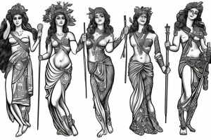 Greek goddesses Artemis, Athena and Aphrodite standing together tattoo idea