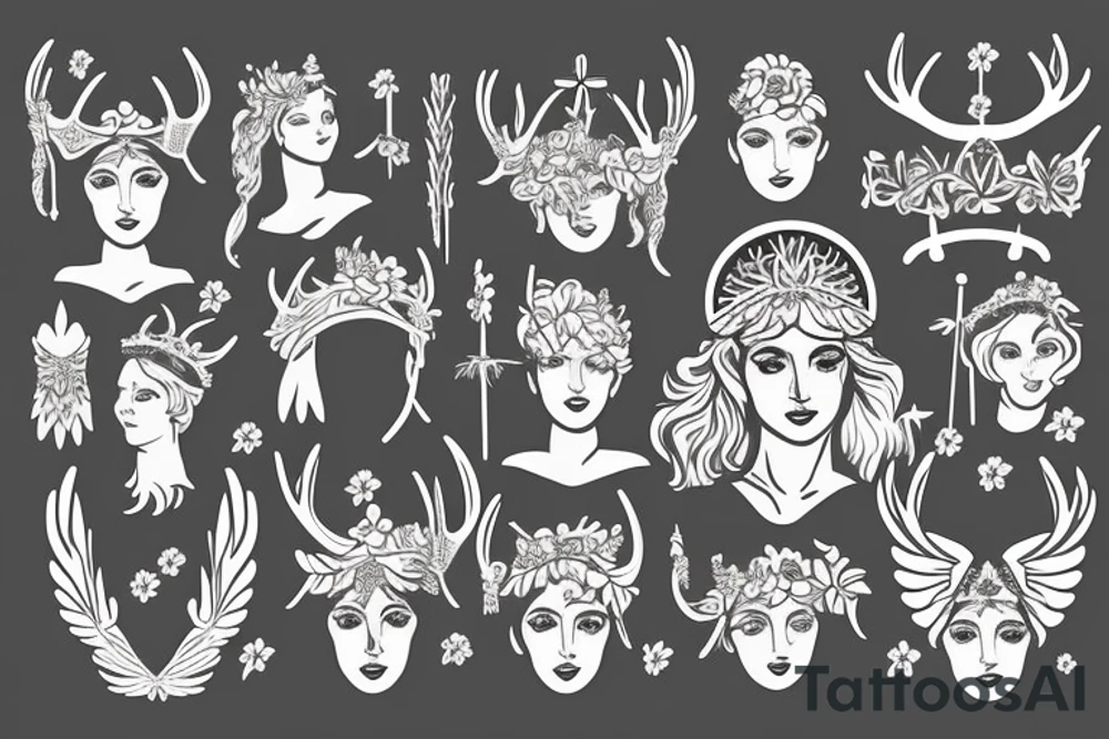 Greek Goddess Athena wearing winged helmet, Greek goddess Artemis with antlers wearing a crown, Greek Goddess Aphrodite with a flower crown tattoo idea