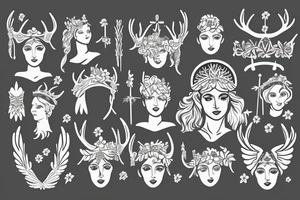 Greek Goddess Athena wearing winged helmet, Greek goddess Artemis with antlers wearing a crown, Greek Goddess Aphrodite with a flower crown tattoo idea