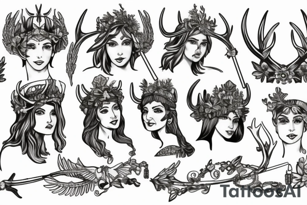 Greek Goddess Athena wearing winged helmet, Greek goddess Artemis with antlers wearing a crown, Greek Goddess Aphrodite with a flower crown tattoo idea