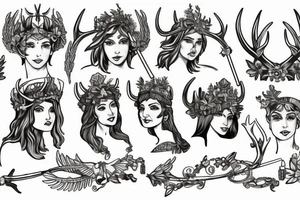 Greek Goddess Athena wearing winged helmet, Greek goddess Artemis with antlers wearing a crown, Greek Goddess Aphrodite with a flower crown tattoo idea