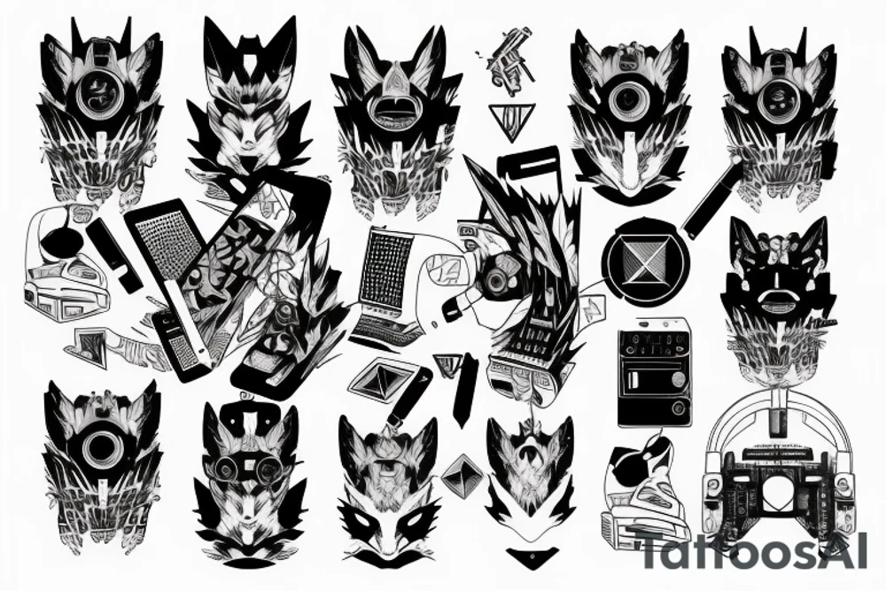 kitsune, technology, cyberpunk, music tattoo idea