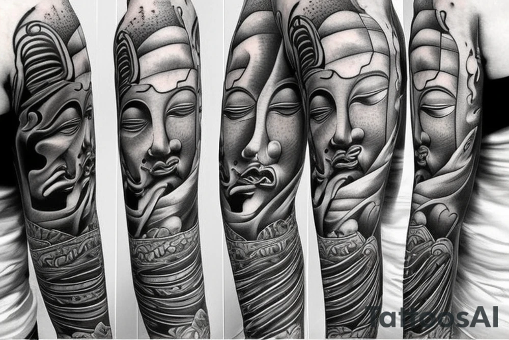 Buddha on up arm and tigger in form arm tattoo idea