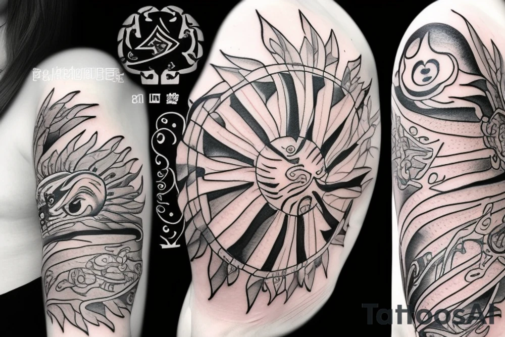 Include names Timi and Demi and Levi, inside a sun with trail blaze and a jin-sang sign in the middle tattoo idea