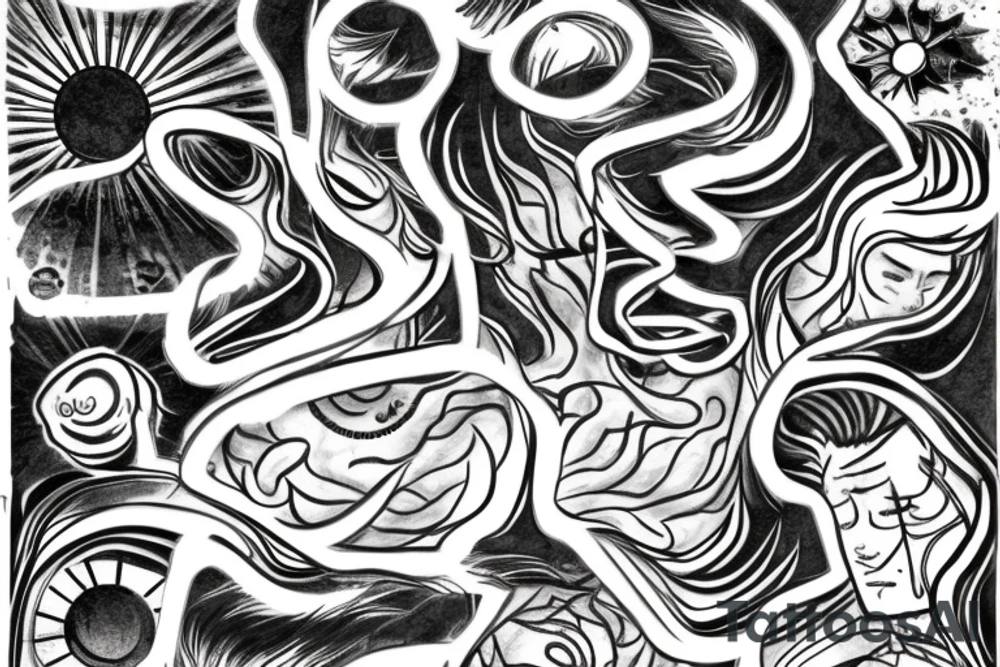 Include names Timi and Demi and Levi, inside a sun with trail blaze and a jin-sang sign in the middle tattoo idea