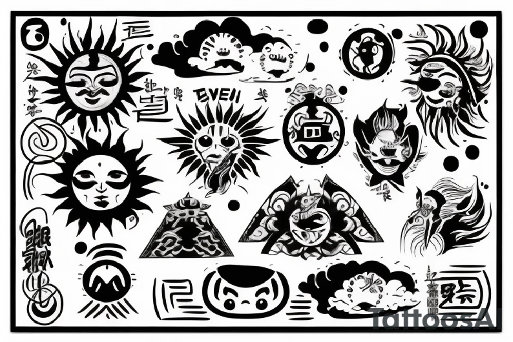 Three names inside a sun Timi, Domi and Levi, the sun is with trail blaze and a jin-jang sign in the middle tattoo idea