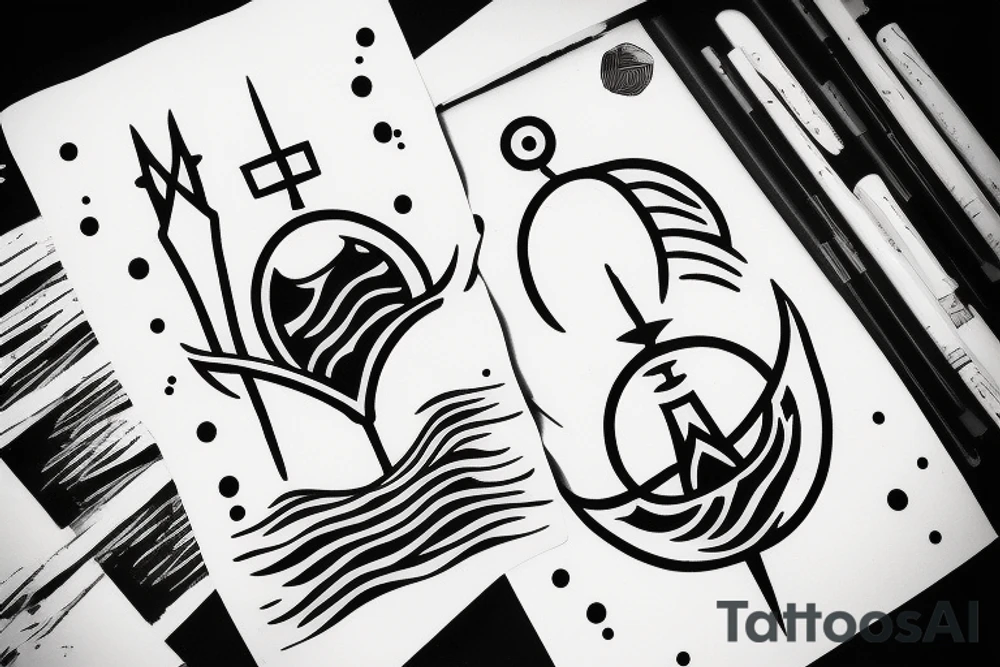 trident of neptune coming out of lake water, mountain, tattoo idea