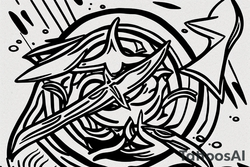 trident of neptune coming out of lake water, mountain, tattoo idea