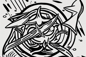 trident of neptune coming out of lake water, mountain, tattoo idea