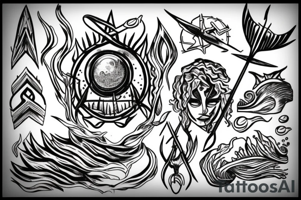 trident of neptune coming out of lake water, mountain, tattoo idea