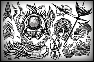 trident of neptune coming out of lake water, mountain, tattoo idea