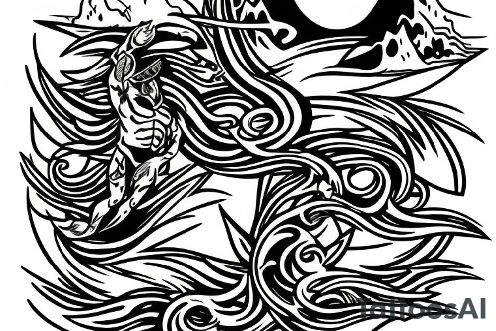 trident of neptune coming out of lake water, mountain, tattoo idea