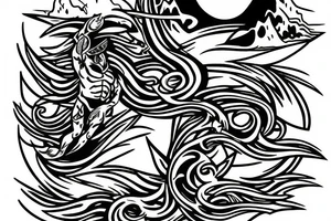 trident of neptune coming out of lake water, mountain, tattoo idea