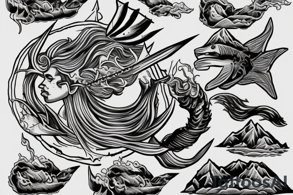trident of neptune coming out of lake water, mountain, tattoo idea