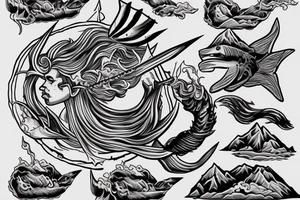 trident of neptune coming out of lake water, mountain, tattoo idea