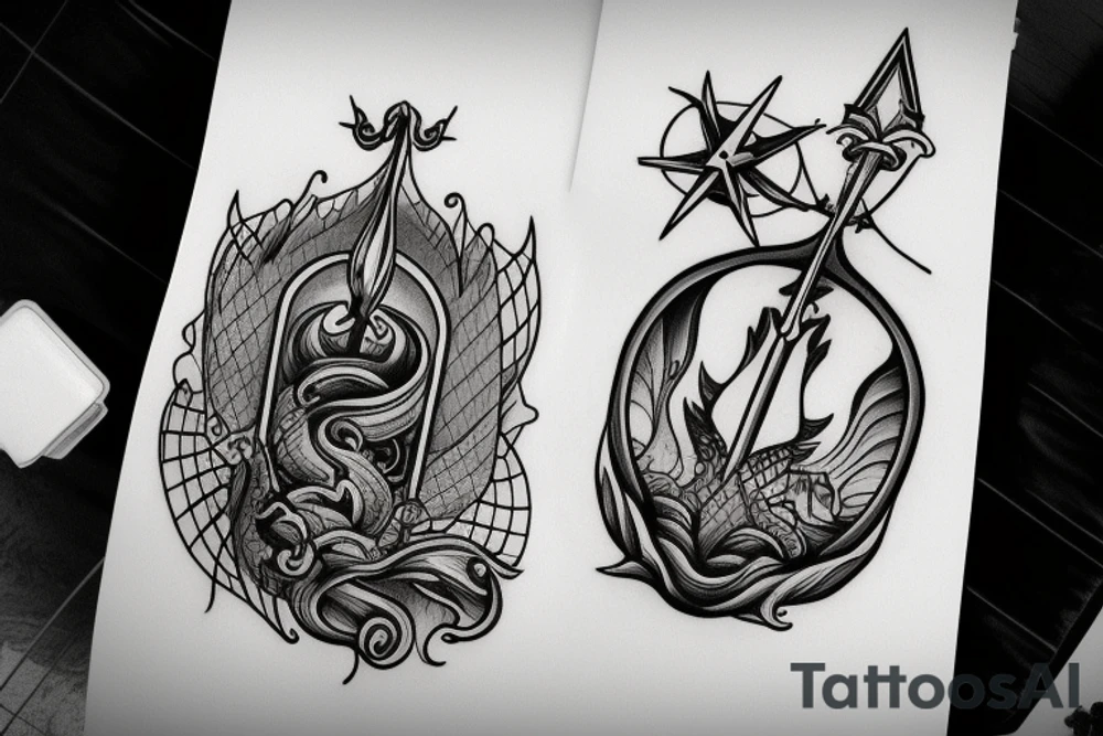 trident of neptune coming out of lake water, mountain, tattoo idea
