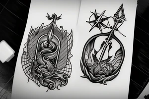 trident of neptune coming out of lake water, mountain, tattoo idea