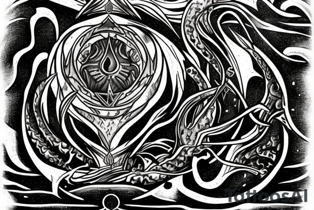 trident of neptune coming out of lake water in mountain tattoo idea