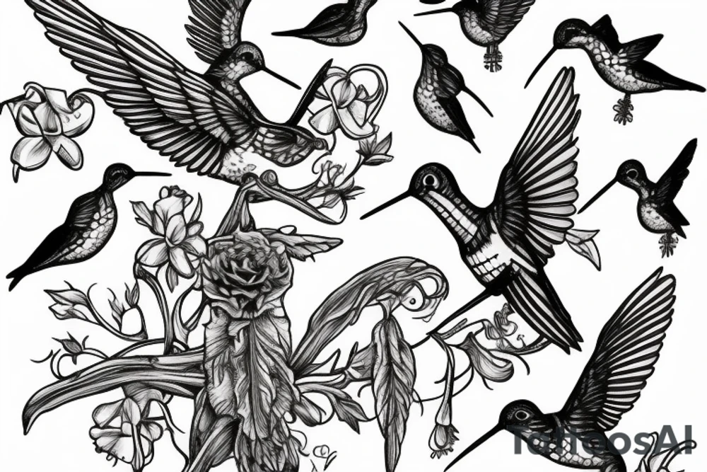 a Skeleton hummingbird on branch tattoo idea