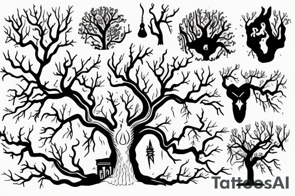 Sleepy hollow tree with fire and lightning tattoo idea