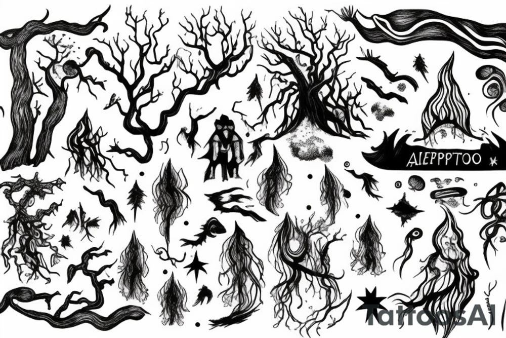Sleepy hollow tree with fire and lightning tattoo idea